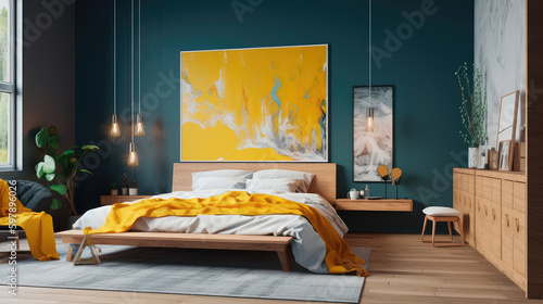 Wallpaper Mural Cozy interior of the bedroom is yellow with blue walls. Bedroom in Scandinavian style. Generative AI Torontodigital.ca