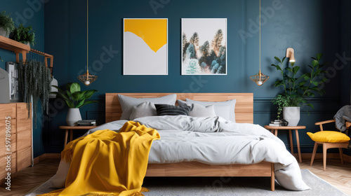 Cozy interior of the bedroom is yellow with blue walls. Bedroom in Scandinavian style. Generative AI © keks20034