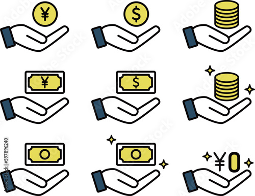 お金と手の線画のカラーアイコンのセット