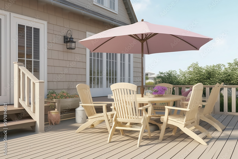 porche de una casa de madera con una mesa y silllas de madera y sombrilla rosa. ilustración de ia generativa