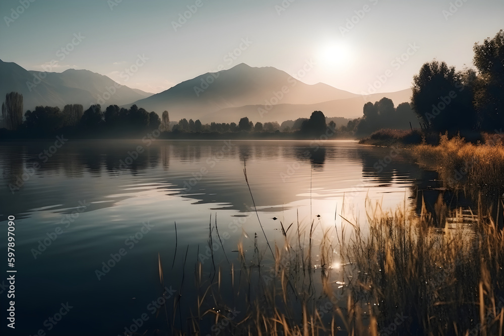 A serene lake with majestic mountains in a warm light. Created with generative AI.