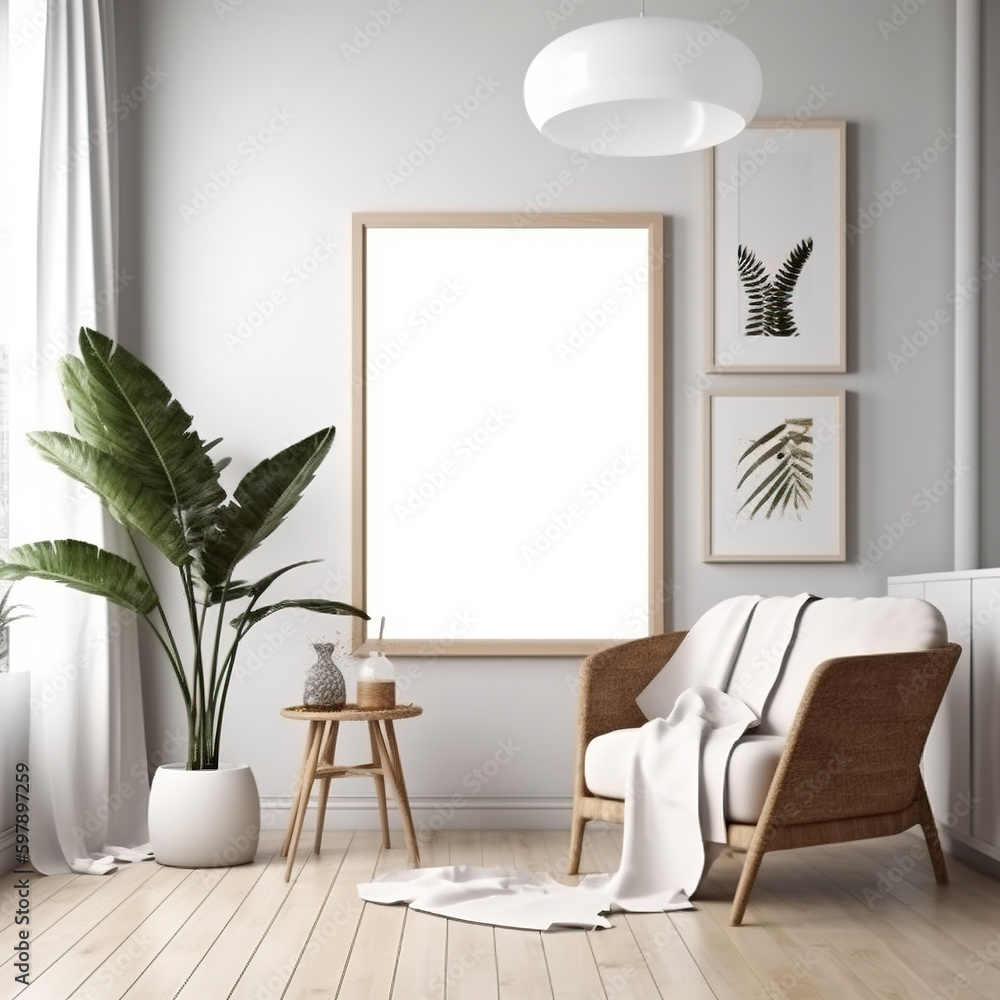 Frame mockup, cozy living room, modern nursery interior. Generative AI. Frame mockup, cozy living room, modern nursery interior. Generative AI.