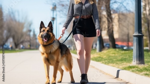 Illustration of a woman walking her German Shepherd on a leash in a park created with Generative AI technology