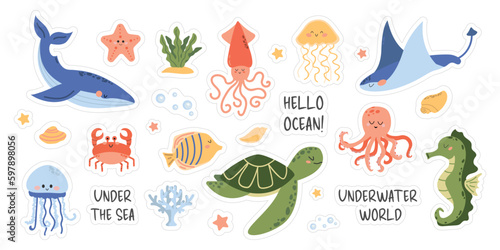 Set of Sea Animals Stickers. Cute whale, squid, octopus, stingray, jellyfish, fish, crab, seahorse. Algae and sea shells. Underwater life. Fish and wild sea animals isolated on white background.  © Hanna Perelygina