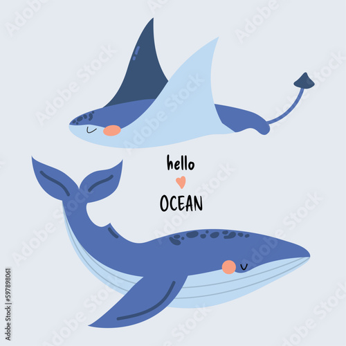 Vector illustration with a cute whale and a stingray. Underwater animals in cartoon style. Print for clothes. Blue isolated background. Marine life. Hello Ocean lettering. 
