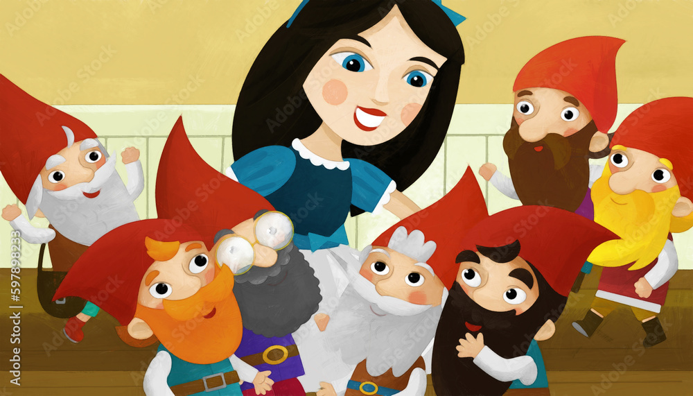 cartoon happy scene with princess and dwarfs in a room illustration artistic painting style cartoon happy scene with princess and dwarfs in a room illustration artistic painting style