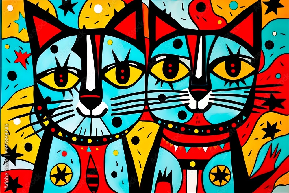 Mysterious cats, magic creatures or spirits, abstract surreal painting with geometric shapes and vibrant colors, orange, red and cyan, AI generative primitive illustration