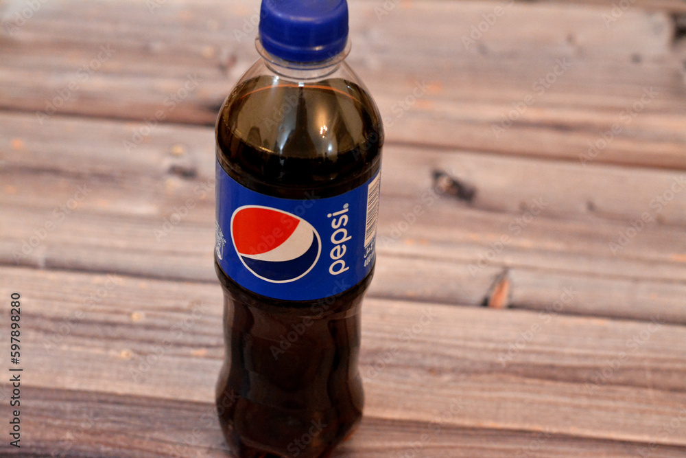 Giza, Egypt, April 28 2023 Pepsi, a Cola flavor plastic bottle, a