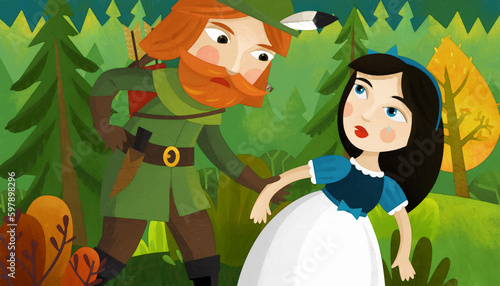 cartoon scene with hunter talking to princess artistic painting style