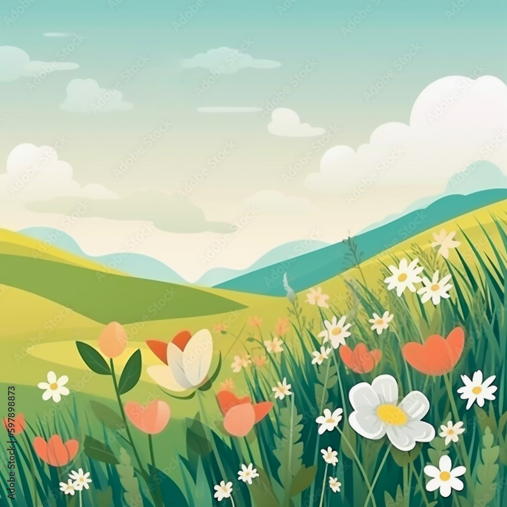 Flowers on a hillside meadow on a bright summer day seasonal background generative AI illustration