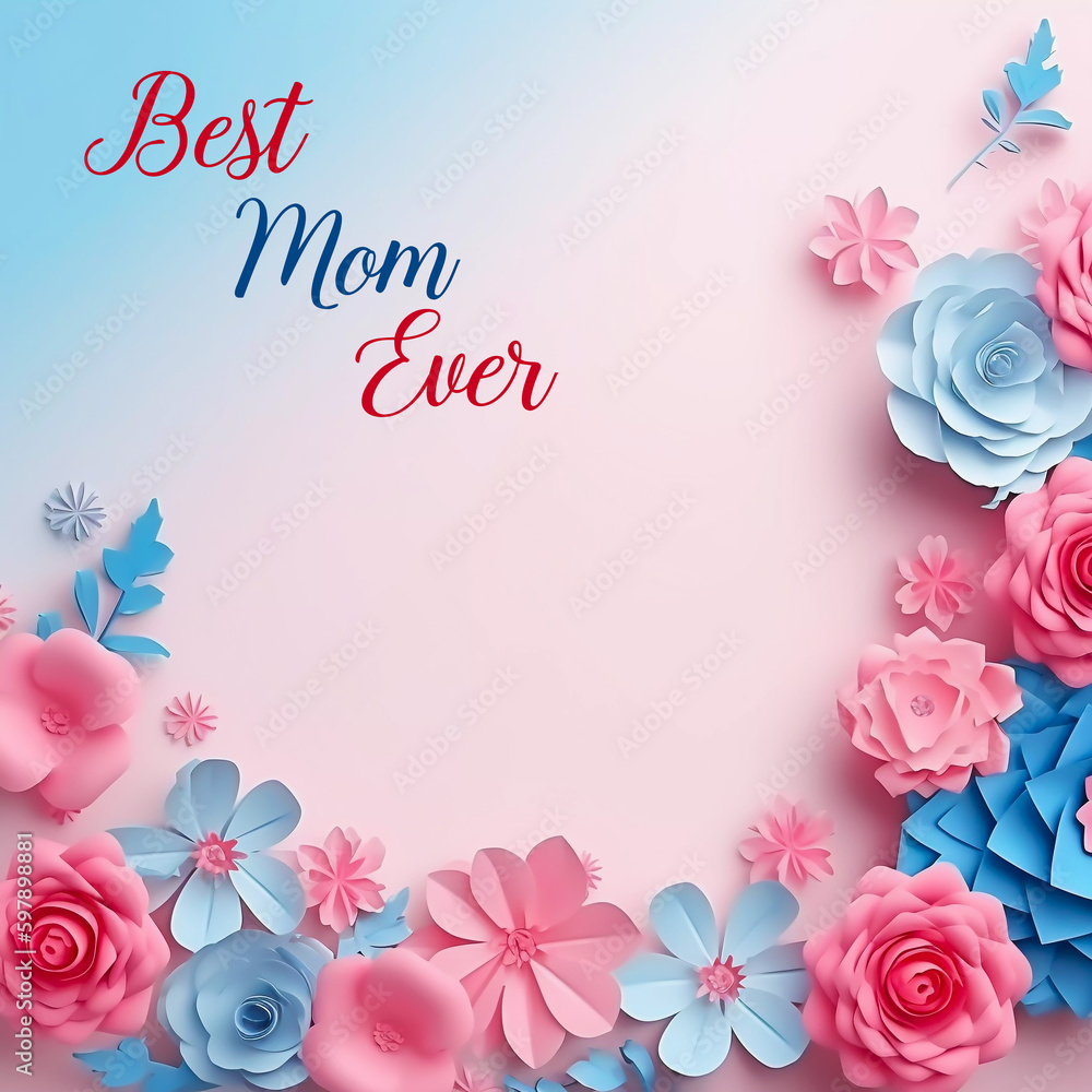 Happy Mothers Day celebration illustration with a blue and pink cutout flower border generative AI illustration