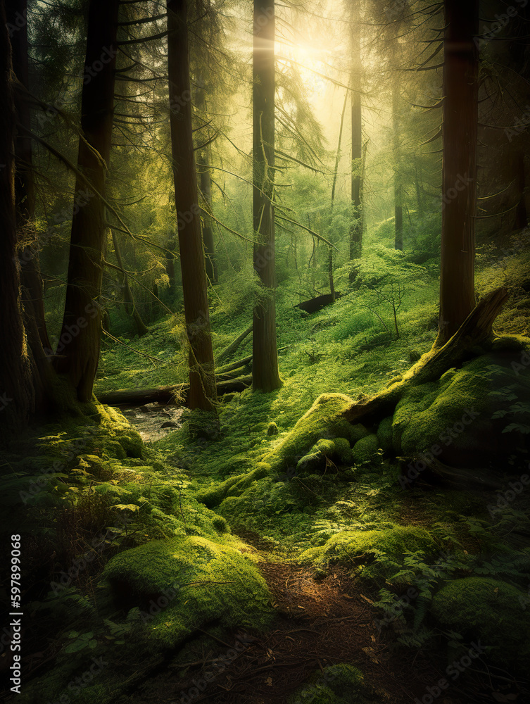 Fototapeta premium Landscape of tropical green forest. Tropical jungle. Tropical rainforest with different trees. 3D realistic illustration. Generative AI
