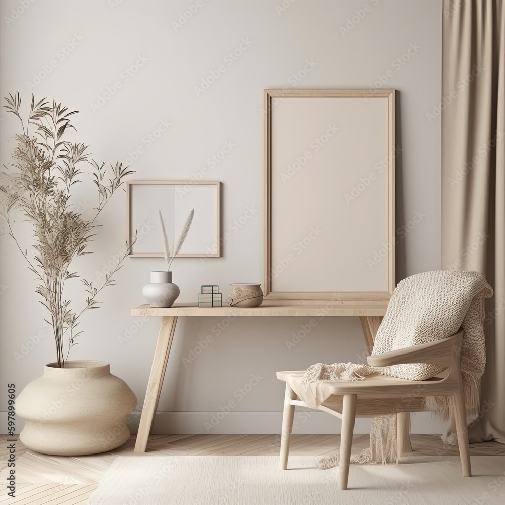 Fototapeta premium Frame mockup, cozy living room, modern nursery interior. Generative AI.