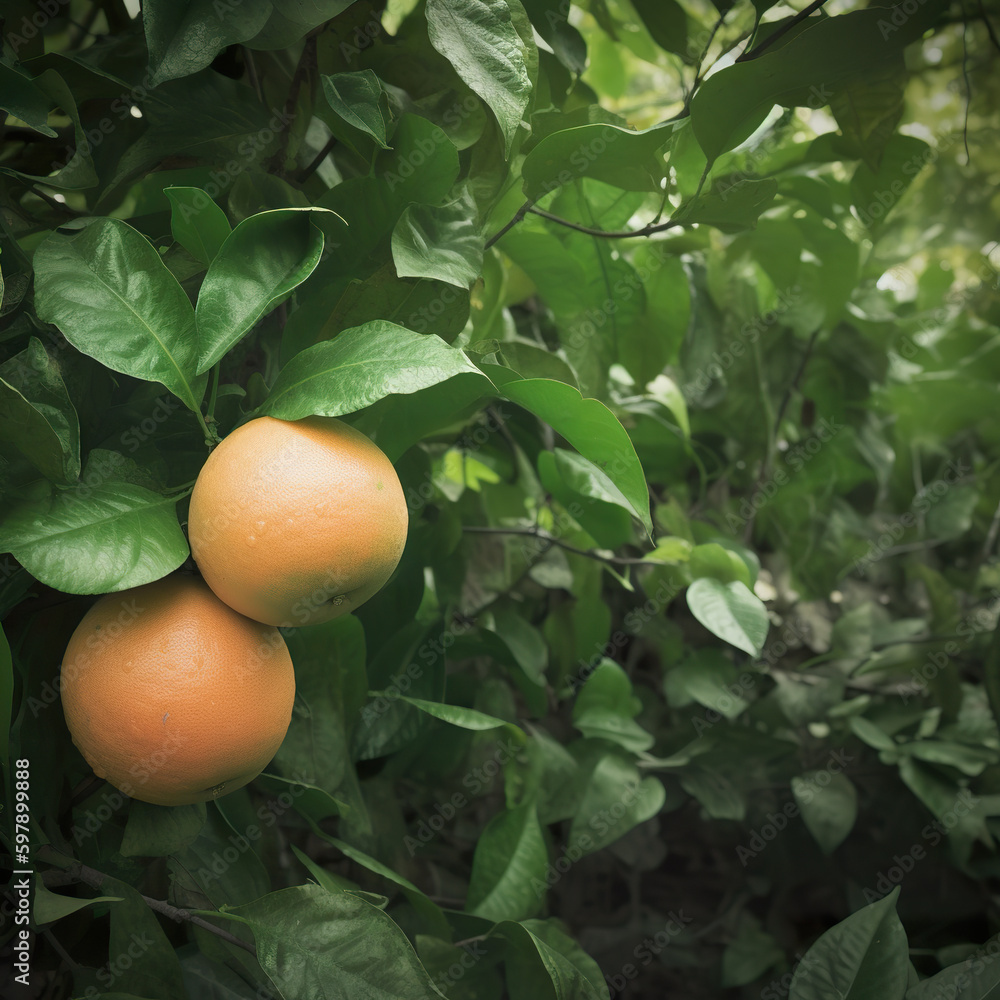 Ripe and fresh grapefruits hanging on branch. Nature, food. Grapefruits in dense vegetation. 3D realistic illustration. Generative AI