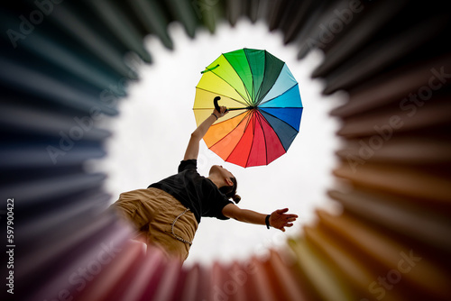 Joven con paraguas de colores, fotografía con plano nadir