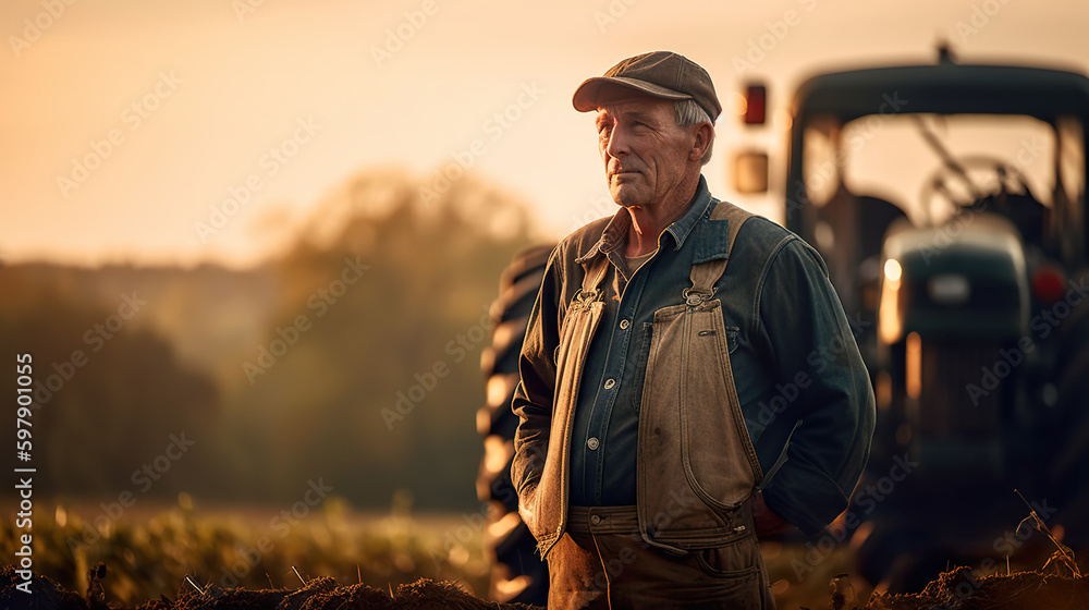A man standing in a field next to a tractor. AI generative.