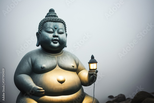 Une statue bouddhiste tient à la main une lampe électrique,  IA générative photo