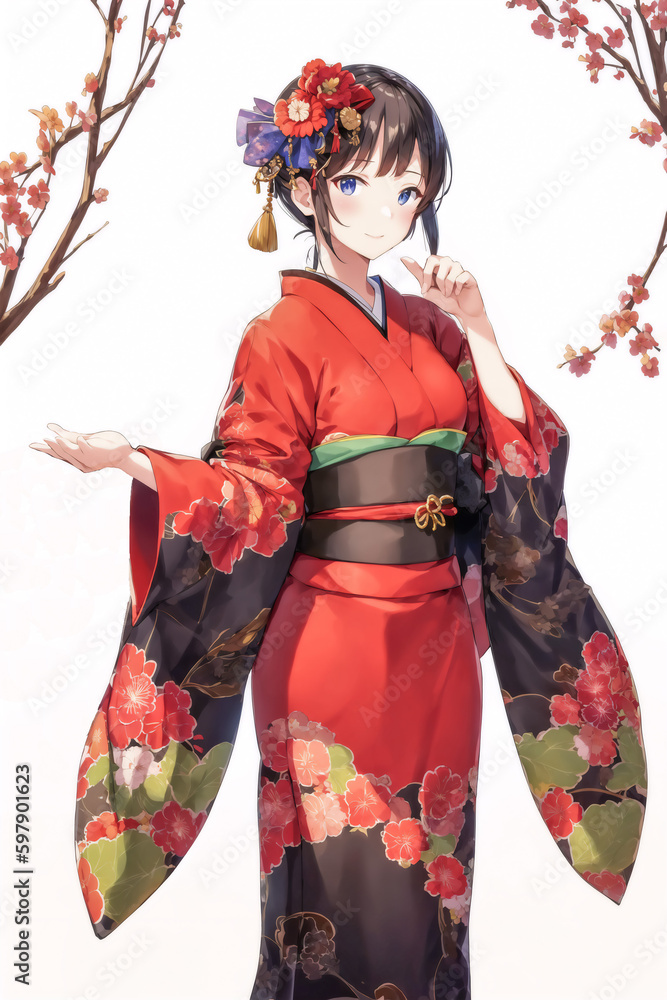 Naklejka premium 着物と花 generative