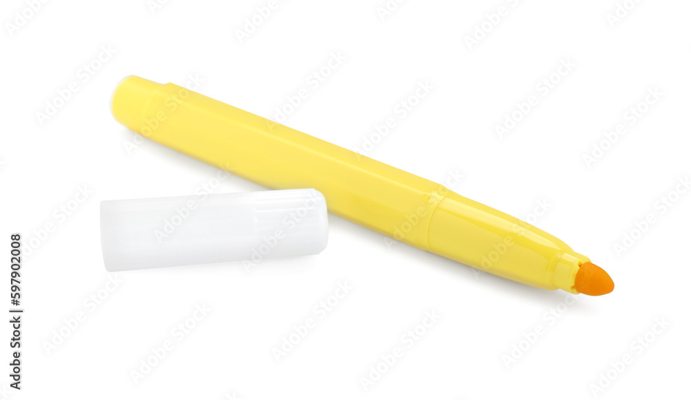 Bright yellow marker and cap isolated on white. School stationery Bright yellow marker and cap isolated on white. School stationery
