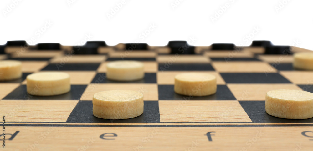 Wooden checkerboard with game pieces isolated on white, closeup Wooden checkerboard with game pieces isolated on white, closeup