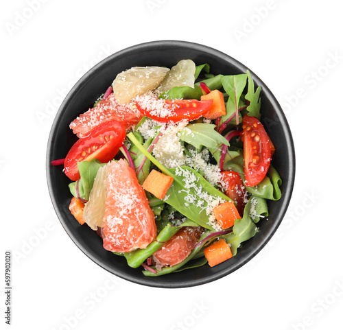 Delicious salad with pomelo, shrimps and tomatoes in bowl on white background, top view
