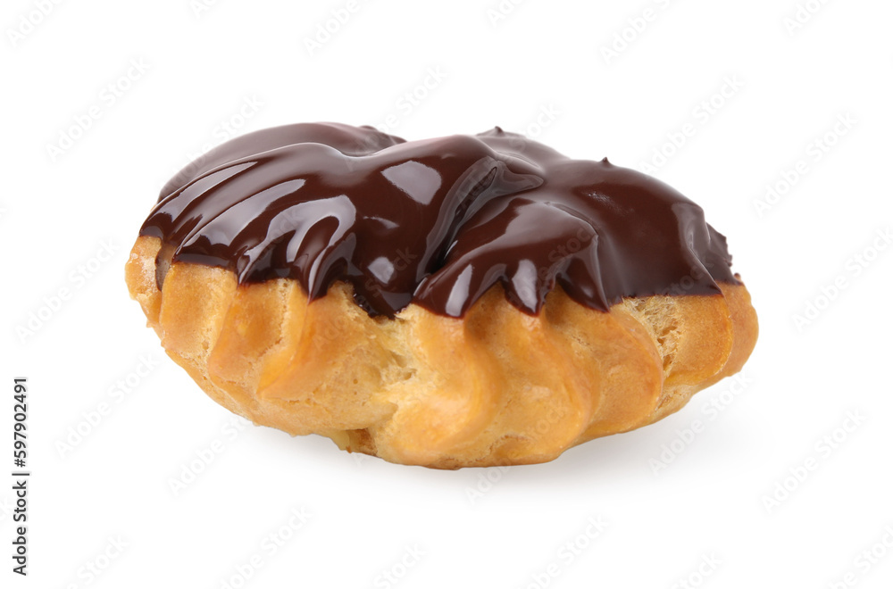 One delicious profiterole with chocolate spread isolated on white One delicious profiterole with chocolate spread isolated on white