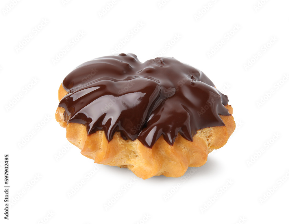 One delicious profiterole with chocolate spread isolated on white One delicious profiterole with chocolate spread isolated on white