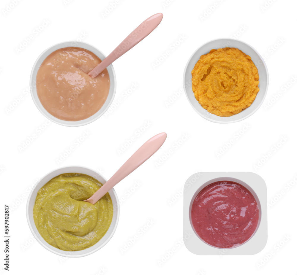 Set of baby food isolated on white, top view Set of baby food isolated on white, top view