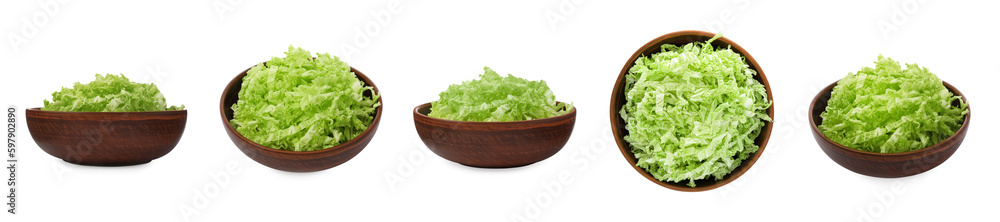 Collage with shredded fresh Chinese cabbage in bowls on white background Collage with shredded fresh Chinese cabbage in bowls on white background