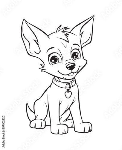 Hand drawn vector coloring page of a cartoonish puppy. Coloring page for kids and adults. Print design, t-shirt design, tattoo design, mural art, line art. 