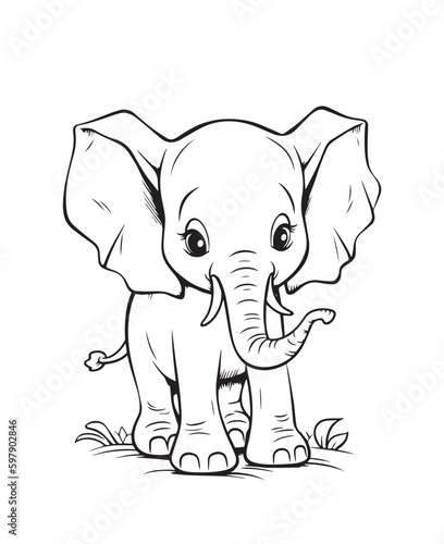 Hand drawn vector coloring page of cartoonish baby elephant. Coloring page for kids and adults. Print design  t-shirt design  tattoo design  mural art  line art. 