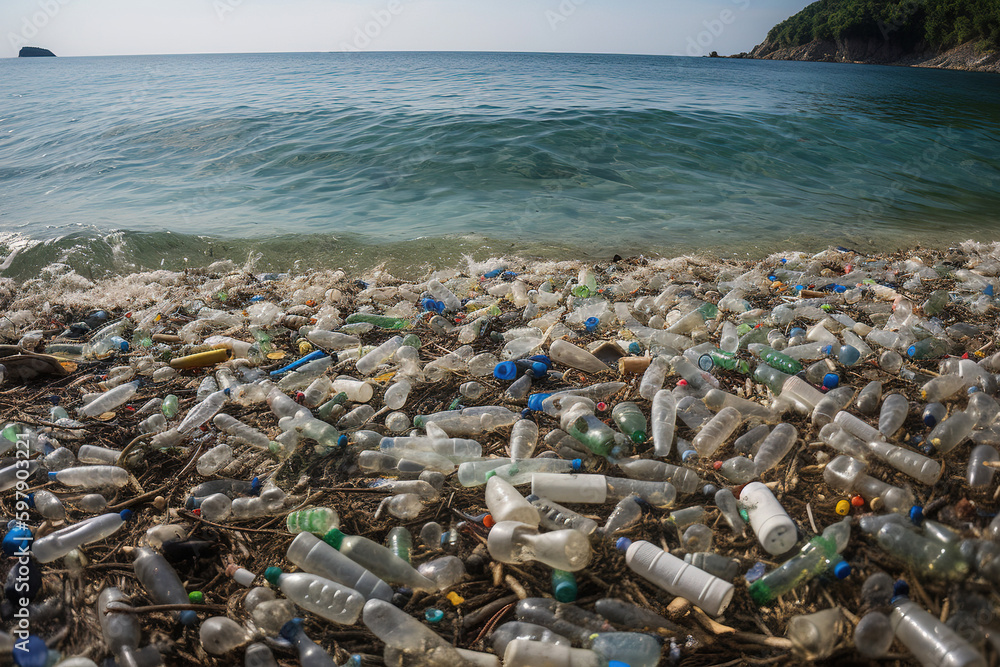 Plastic waste on sea or ocean shore. Global pollution. Generative AI