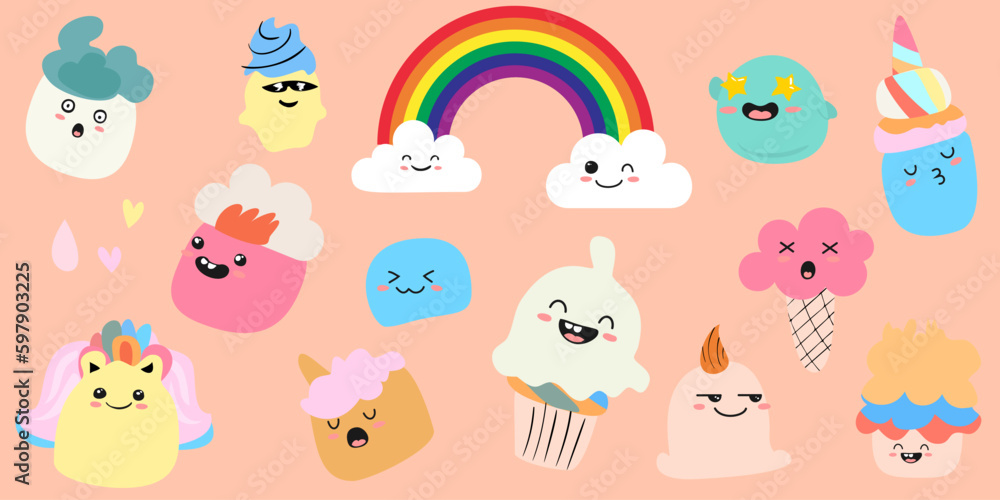 Set of Desserts Vector Illustrations of Cute Cupcakes, Ice Cream in Waffle Cones, and Ice Lolly Kawaii with Pink Cheeks and Winking Eyes, All in Pastel Colors on a Light Blue Background Set of Desserts Vector Illustrations of Cute Cupcakes, Ice Cream in Waffle Cones, and Ice Lolly Kawaii with Pink Cheeks and Winking Eyes, All in Pastel Colors on a Light Blue Background