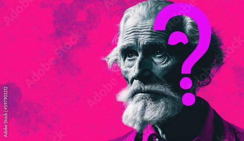 Portrait of an old man wondering  on magenta background  generative ai illustration