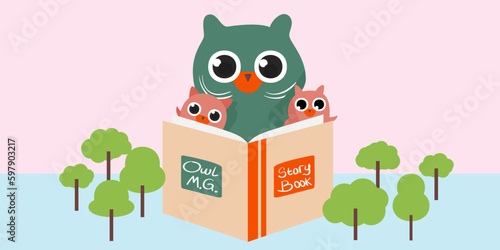 Bedtime Stories Under Starry Skies Charming Owl Reads to Owlets on the Moon in a Sweet Father Children Concept Illustration. Perfect for Posters, Cards, and More
