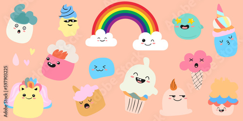 Set of Desserts Vector Illustrations of Cute Cupcakes, Ice Cream in Waffle Cones, and Ice Lolly Kawaii with Pink Cheeks and Winking Eyes, All in Pastel Colors on a Light Blue Background
