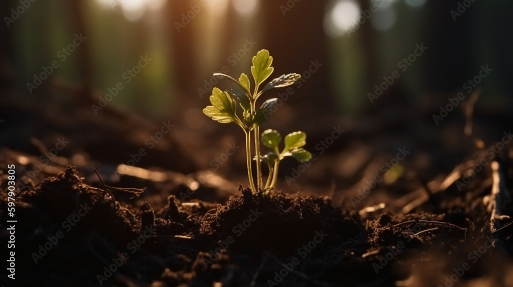 A young plant growing in sunlight. AI generative A young plant growing in sunlight. AI generative