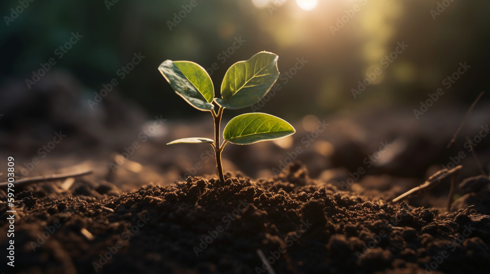A young plant growing in sunlight. AI generative A young plant growing in sunlight. AI generative