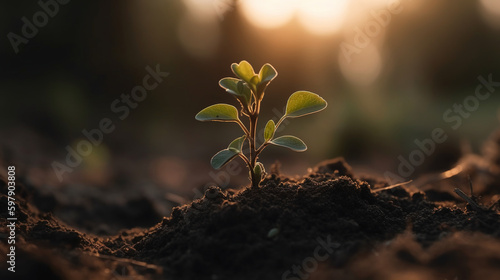 A young plant growing in sunlight. AI generative