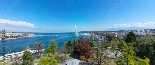 Beautiful Lake Leman in Geneva from above on a sunny day - travel photography