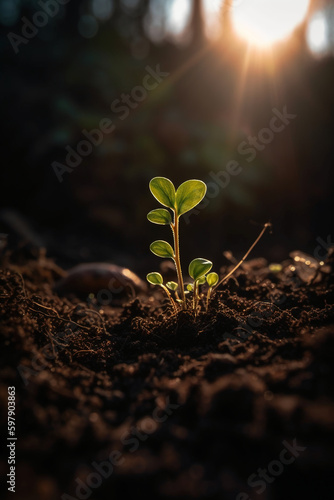 A young plant growing in sunlight. AI generative