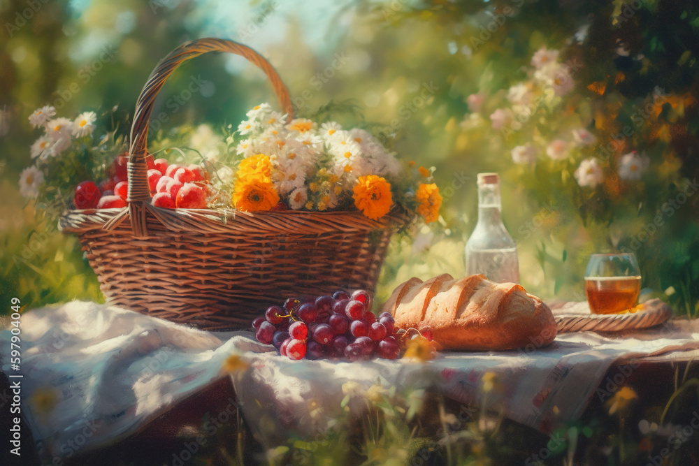 featuring a basket of fresh fruit and bread, a bottle of wine, and a bouquet of wildflowers. AI generative featuring a basket of fresh fruit and bread, a bottle of wine, and a bouquet of wildflowers. AI generative
