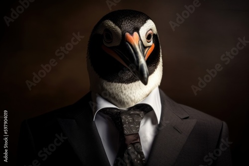 Anthropomorphic penguin dressed in a suit like a businessman. Business Concept. AI generated, human enhanced