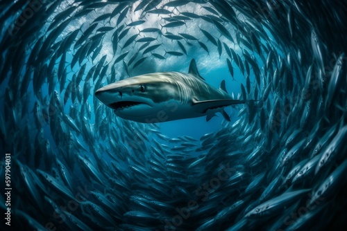 A predatory shark among a school of fish. AI generated  human enhanced.