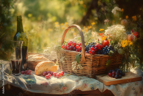 featuring a basket of fresh fruit and bread  a bottle of wine  and a bouquet of wildflowers. AI generative