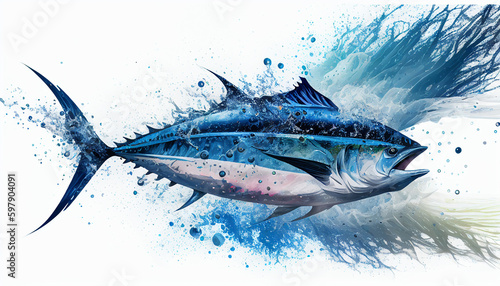Bluefin Tuna isolated in white, with a water splash effect. World Tuna Fisheries. AI Generated
