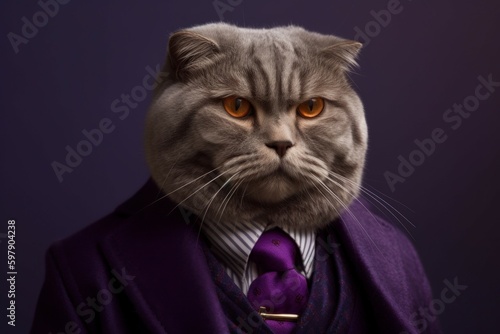 Anthropomorphic cat Scottish fold dressed in a suit like a businessman. business concept. AI generated, human enhanced © top images