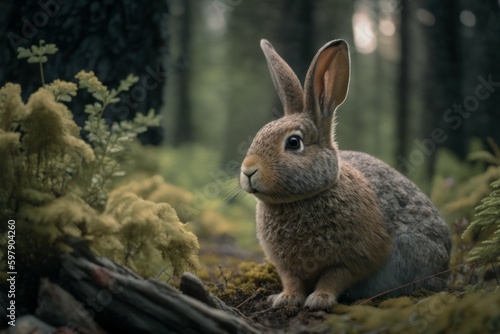 Cute rabbit in nature in natural habitat. AI generated  human enhanced