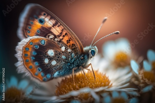 Romantic natural floral background with a butterfly on flower with bokeh  close-up macro. AI generated  human enhanced