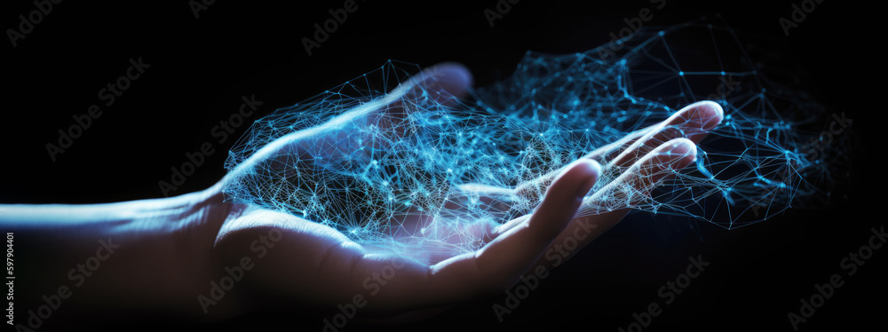 DX, digital transformation background. Digital sparks or framework appearing above a human hand. Analog to digital, idea to a system concept. generative AI DX, digital transformation background. Digital sparks or framework appearing above a human hand. Analog to digital, idea to a system concept. generative AI